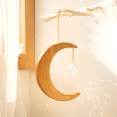 Drevený mesačný krištáľový hranol Suncatcher okenný lapač slnka dúhový mesiac Suncatcher závesné kryštály záhradná dekorácia boho bytová dekorácia