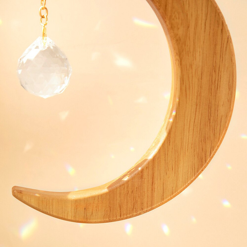 Drevený mesačný krištáľový hranol Suncatcher okenný lapač slnka dúhový mesiac Suncatcher závesné kryštály záhradná dekorácia boho bytová dekorácia