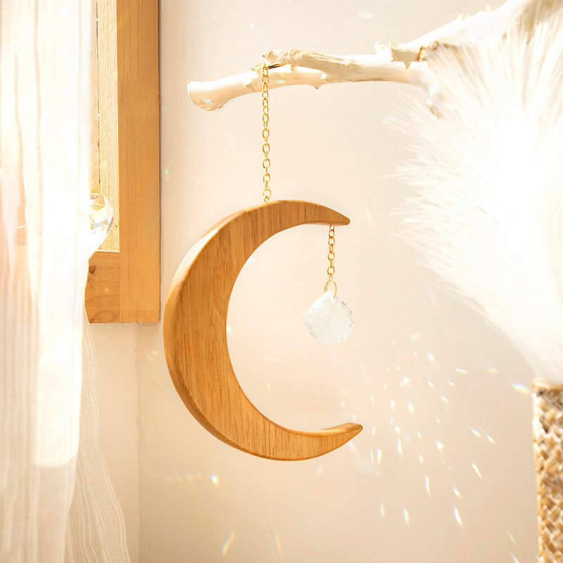 Drevený mesačný krištáľový hranol Suncatcher okenný lapač slnka dúhový mesiac Suncatcher závesné kryštály záhradná dekorácia boho bytová dekorácia