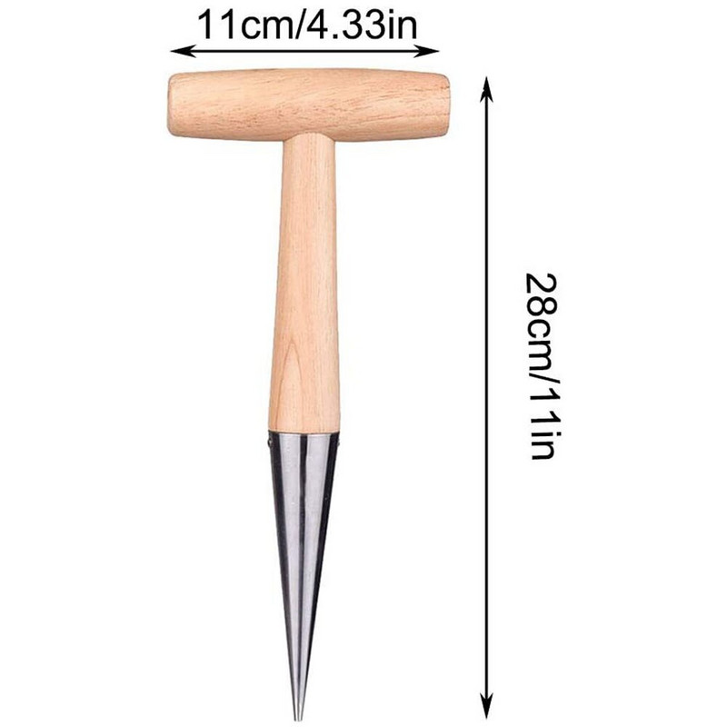 Nerūdijančio plieno sėjamoji su medine dirvos rankena ilga rankena rankinė svogūnėlių sodinimo įrankis, skirtas sodinti sodo skylių perforatorius