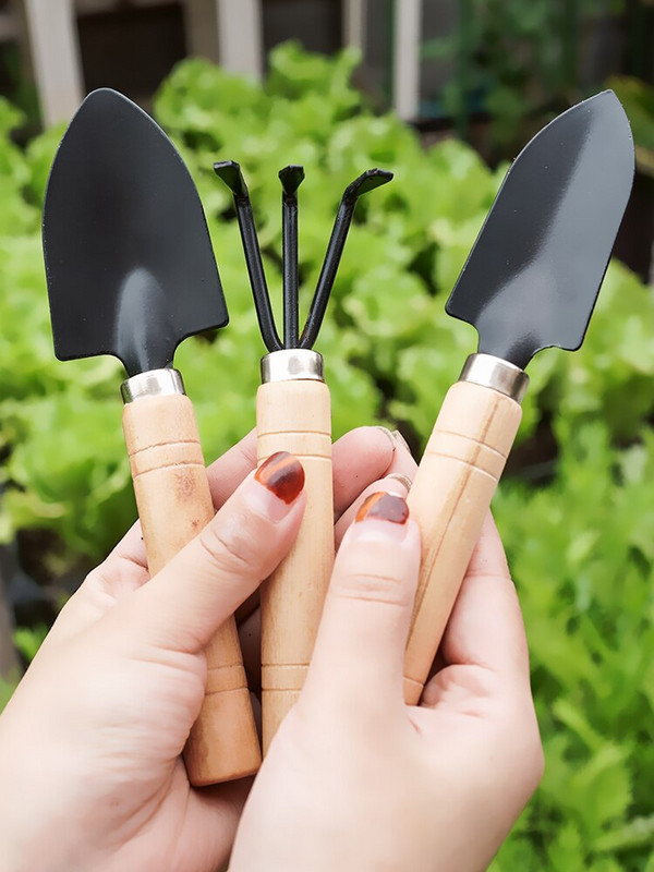 3-balenie mini záhradných lopatiek, hrablí, lopatiek, bonsai náradia, drevená rukoväť, kvetináče, záhradné náradie, ručná sadbovacia lopatka, detské hračky