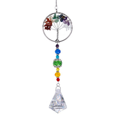 H&D Liečivý prírodný kameň s čakrami Strom života Suncatcher Závesná ozdoba na okno Rainbow Maker kolekcia pre domácu a záhradnú dekoráciu