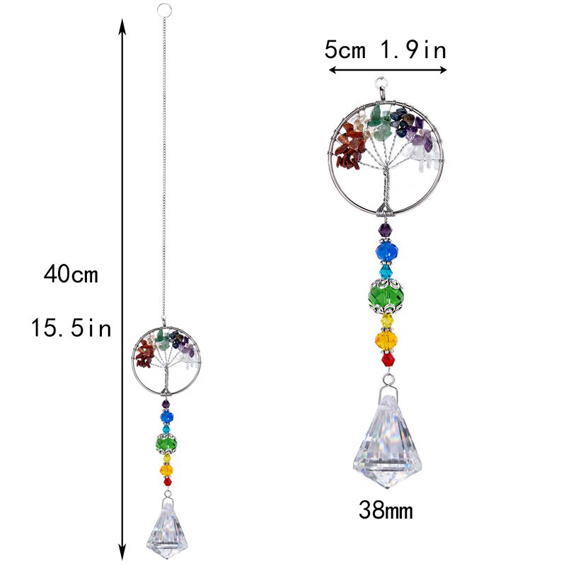 H&D Liečivý prírodný kameň s čakrami Strom života Suncatcher Závesná ozdoba na okno Rainbow Maker kolekcia pre domácu a záhradnú dekoráciu