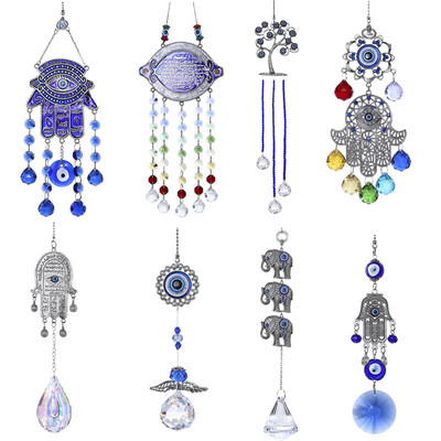 H&D DIY Šťastná Hamsa Turecký modrý krištáľový amulet s uhrančivým okom, prívesok Suncatcher, zvonkohra, amulet, domáca nástenná záhradná závesná dekorácia