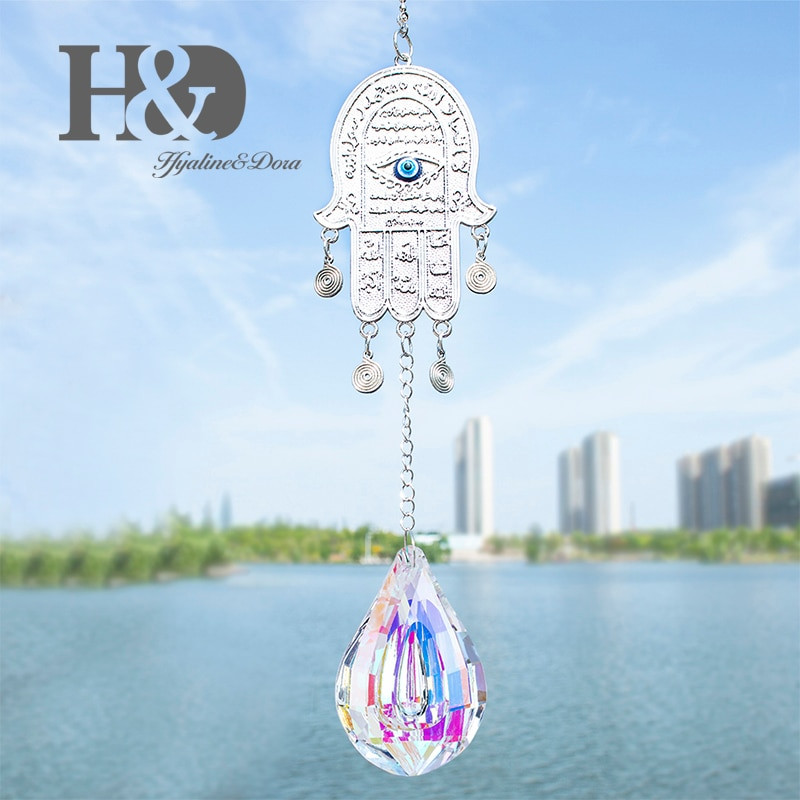 H&D DIY Šťastná Hamsa Turecký modrý krištáľový amulet s uhrančivým okom, prívesok Suncatcher, zvonkohra, amulet, domáca nástenná záhradná závesná dekorácia