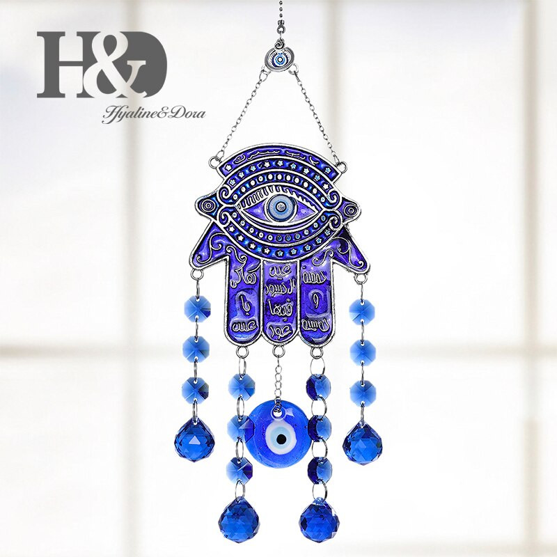 H&D DIY Šťastná Hamsa Turecký modrý krištáľový amulet s uhrančivým okom, prívesok Suncatcher, zvonkohra, amulet, domáca nástenná záhradná závesná dekorácia