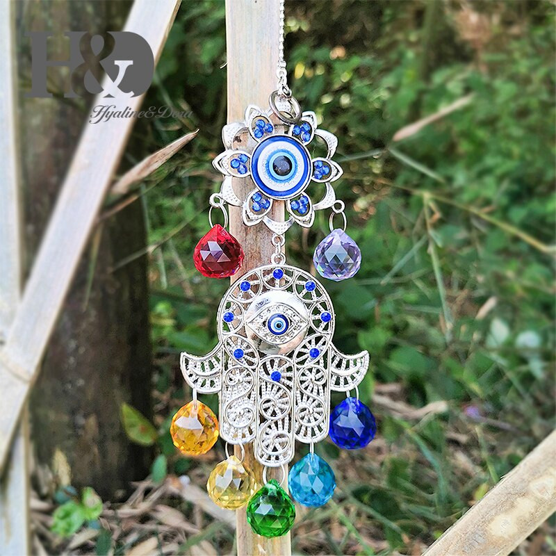 H&D DIY Šťastná Hamsa Turecký modrý krištáľový amulet s uhrančivým okom, prívesok Suncatcher, zvonkohra, amulet, domáca nástenná záhradná závesná dekorácia