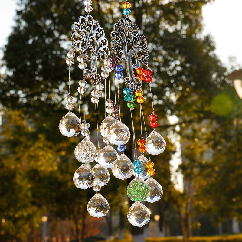 Závesný krištáľový lapač slnka s krištáľovou guľou, hranolom, dúhovým tvorcom, stromom života, dekoráciou do záhrady, vonkajšej domácnosti, detskej izby, okna