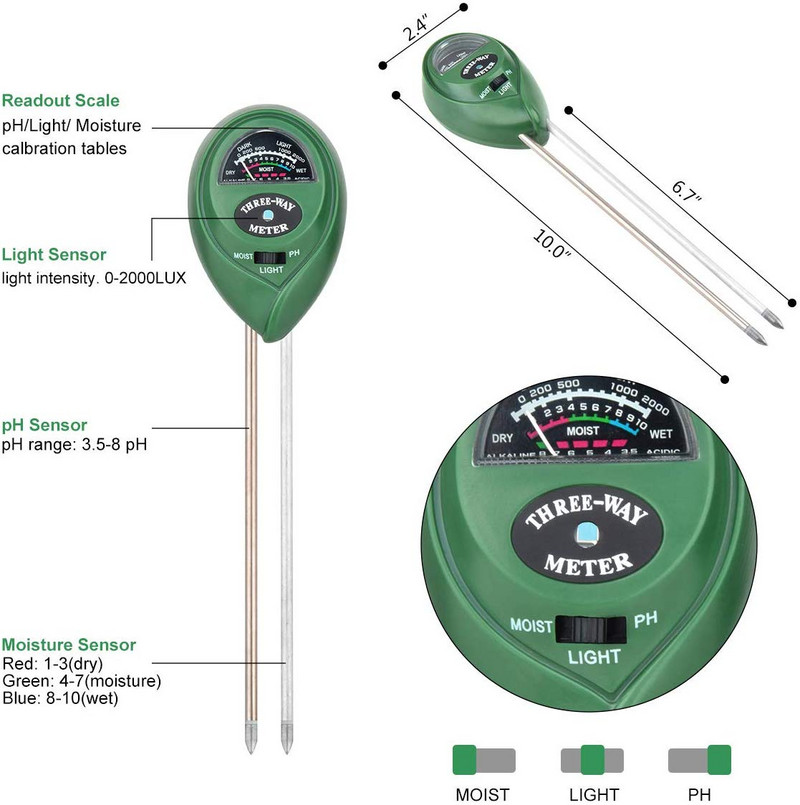 Digitálny pH meter 3 v 1, súprava na testovanie pôdy, vlhkosť/svetlo/pH, senzor vlhkosti pôdy pre záhradu, farmu, trávnik, vonkajšie, vnútorné...