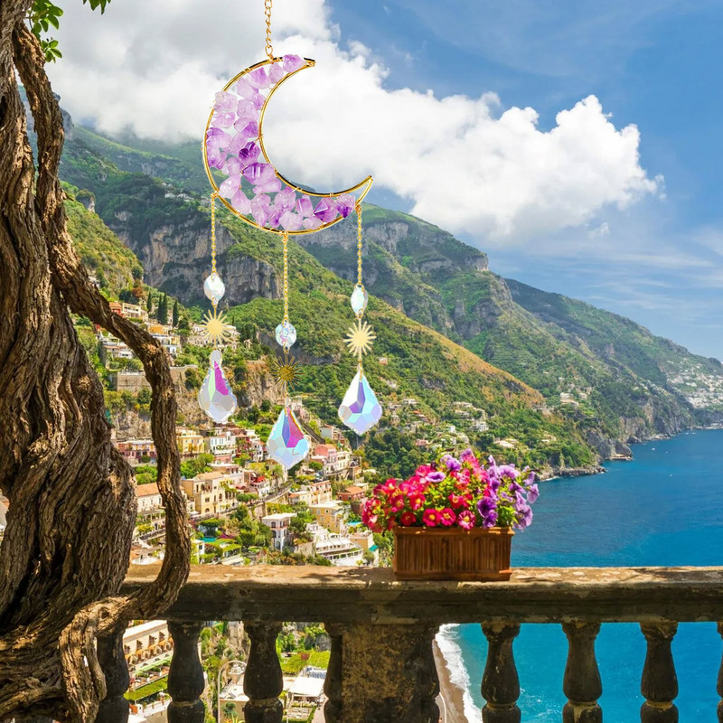 Suncatchers Crystal Prism Ball Moon Metal Rainbow Craft Sun Catcher for Window Car Vising Garden Decoration Wall Decor Gift