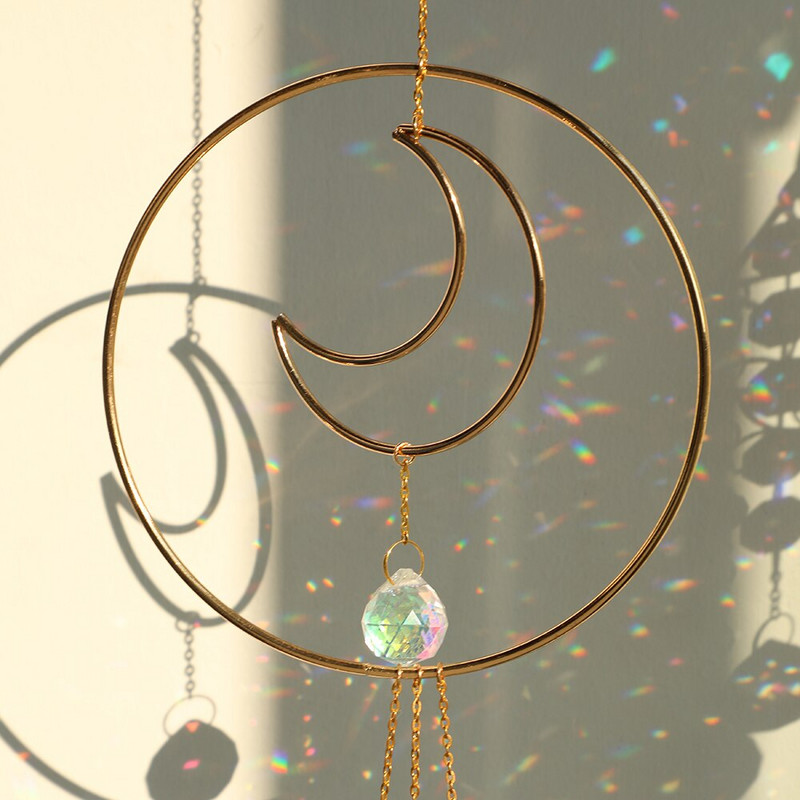 Slnko a mesiac, závesný krištáľový hranolový guľôčkový lapač slnka, ozdoba na okno, dúhový lapač svetla, záhradná dekorácia, vonkajšia...