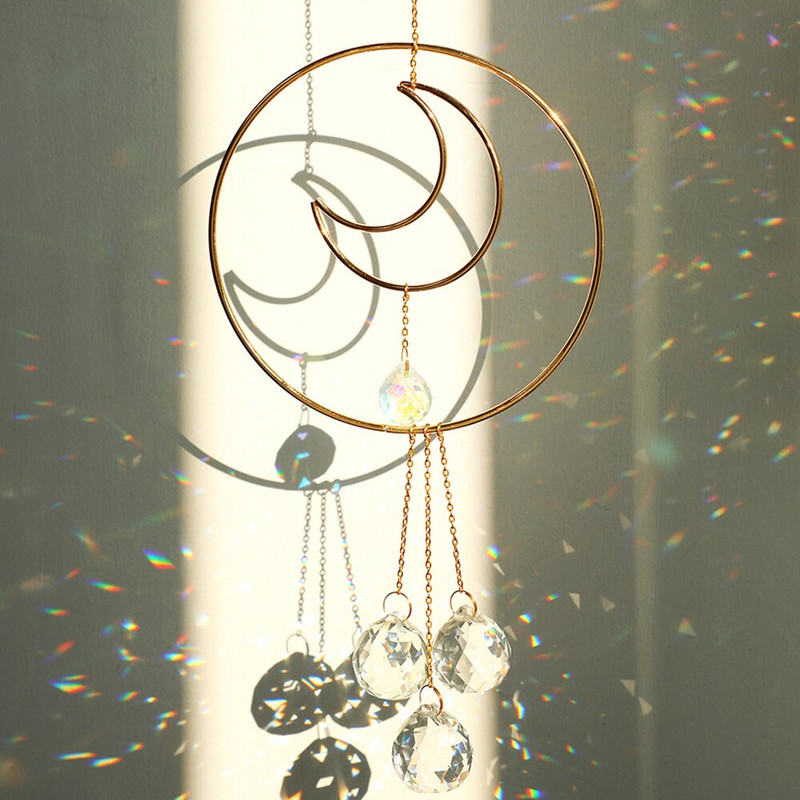 Slnko a mesiac, závesný krištáľový hranolový guľôčkový lapač slnka, ozdoba na okno, dúhový lapač svetla, záhradná dekorácia, vonkajšia...