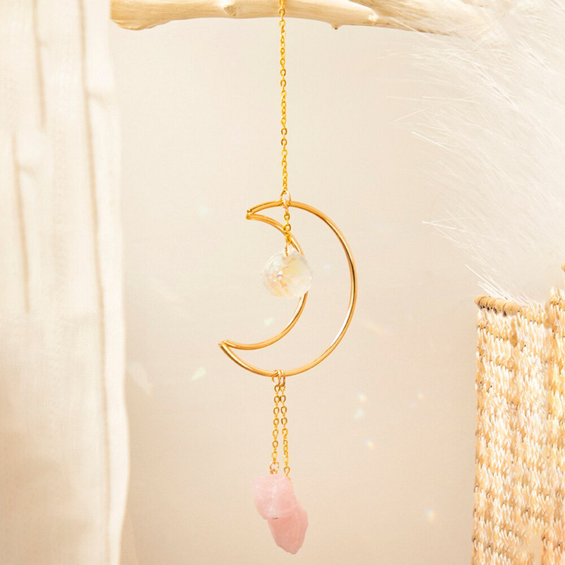 Mesačný vitrážový lapač slnka, hranolový krištáľ, dúhový lapač slnka, ružový krištáľ, reiki kameň, dekorácia okna auta pre domácnosť a záhradu.