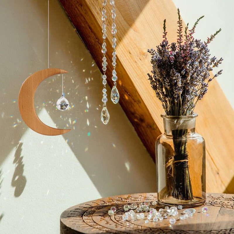 Priehľadná guľa Suncatcher Drevený Mesačný krištáľ Sun Catcher Rainbow Market Home Decor Závesné kryštály na dekoráciu okien a záhrady