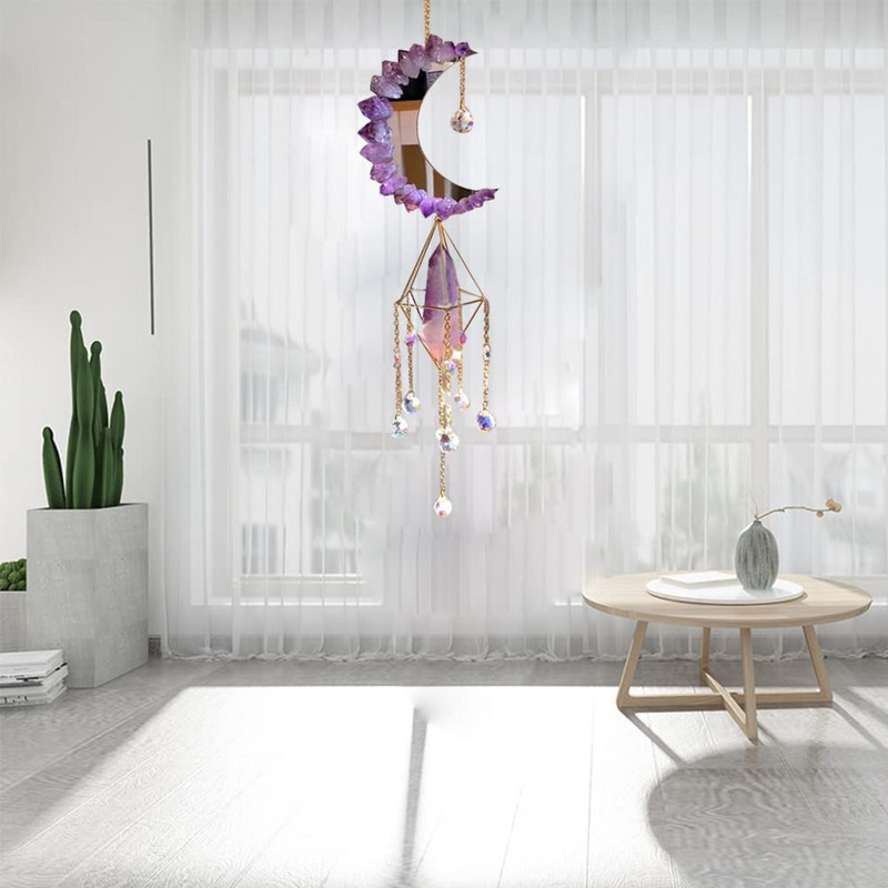 Krištolo saulės gaudyklė prizmė, langas vaivorykštės formuotojas Mėnulio krištolo rutulys ametisto pakabukas saulės gaudyklė ​pakabinamas ornamentas sodo dekoras
