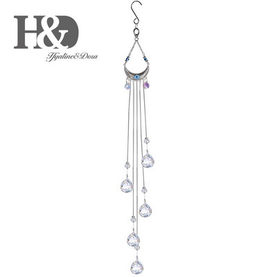 H&D Modrý krištáľový lapač slnka, polmesiac, dúhový stroj s krištáľovou guľou, závesná ozdoba na okno, záhradná dekorácia