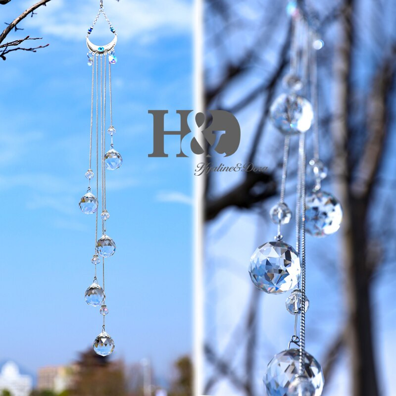 H&D Modrý krištáľový lapač slnka, polmesiac, dúhový stroj s krištáľovou guľou, závesná ozdoba na okno, záhradná dekorácia