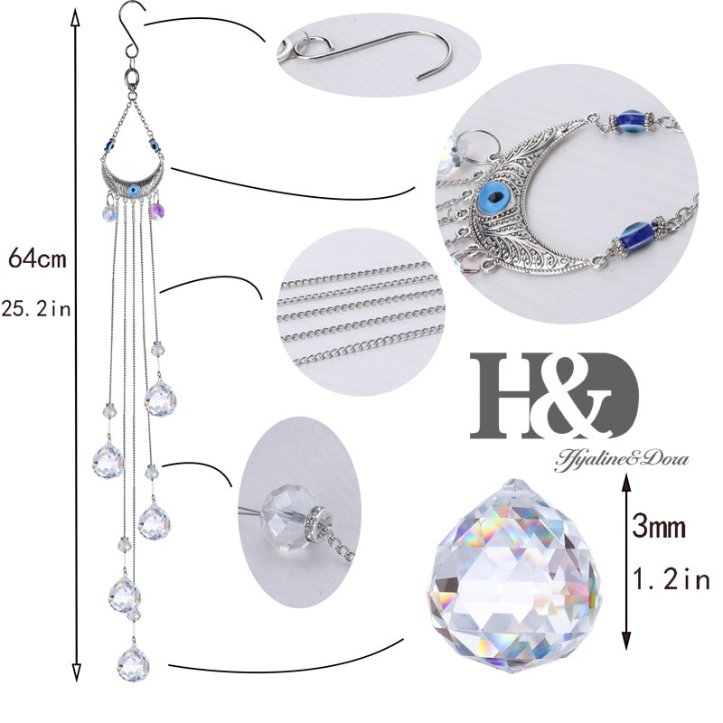 H&D Modrý krištáľový lapač slnka, polmesiac, dúhový stroj s krištáľovou guľou, závesná ozdoba na okno, záhradná dekorácia