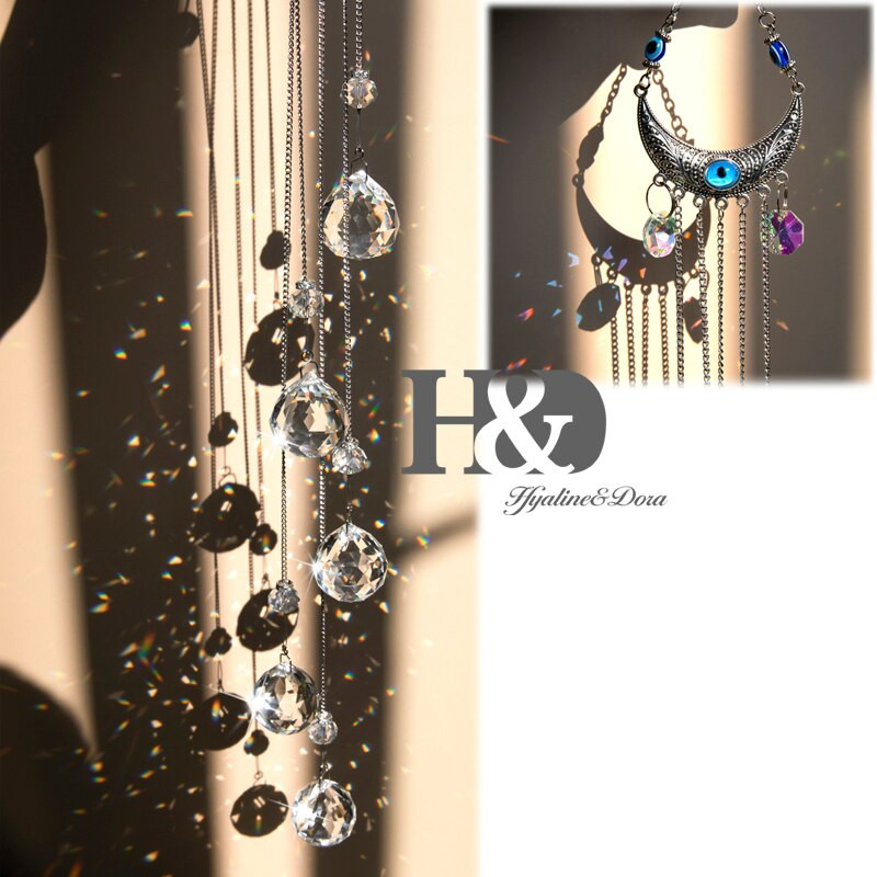 H&D Modrý krištáľový lapač slnka, polmesiac, dúhový stroj s krištáľovou guľou, závesná ozdoba na okno, záhradná dekorácia