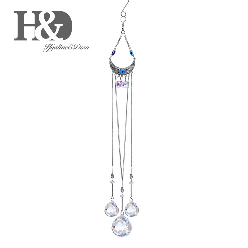 H&D Modrý krištáľový lapač slnka, polmesiac, dúhový stroj s krištáľovou guľou, závesná ozdoba na okno, záhradná dekorácia