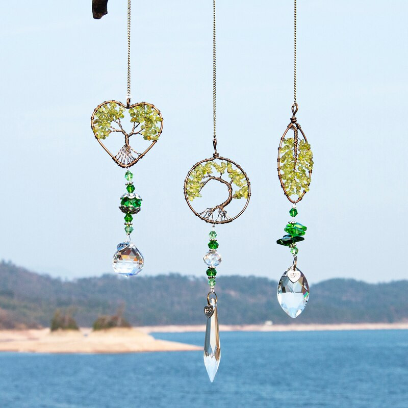 H&D Sada 3 ks Zelený strom života Krištáľový Suncatcher Dúhový závesný prívesok na okno/záhradu/auto Zberateľský suvenírový darček
