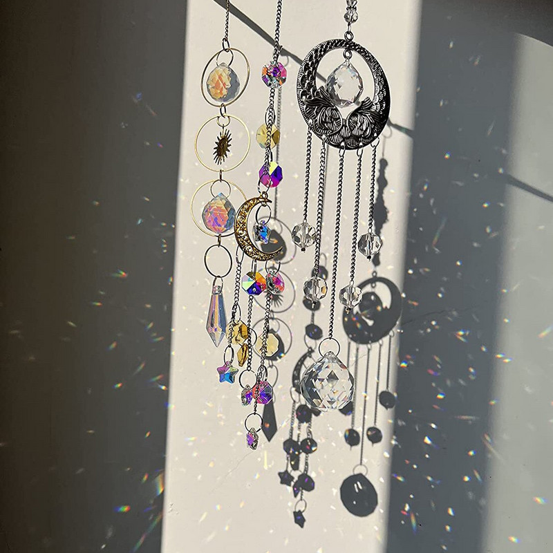 Krištáľový lapač slnka, vitráže, záhradná záhradná dekorácia, hranolový lapač svetla, mesiac, náušnice na veterné turbíny