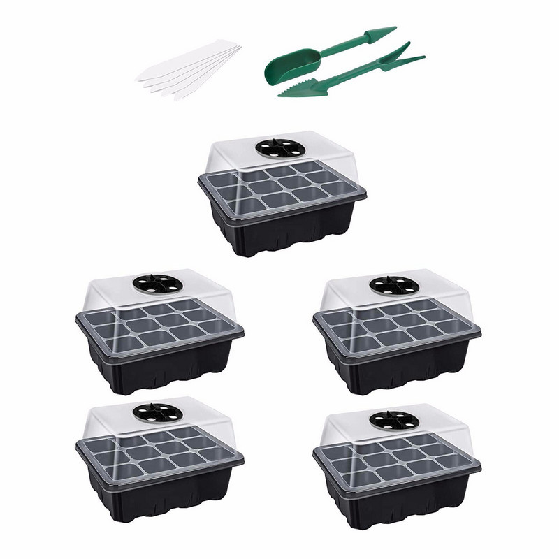 Balenie 5 semienkových misiek Sunflower House, miska na sadenice (12 buniek na misku), priehľadná miska s nastaviteľnou vlhkosťou
