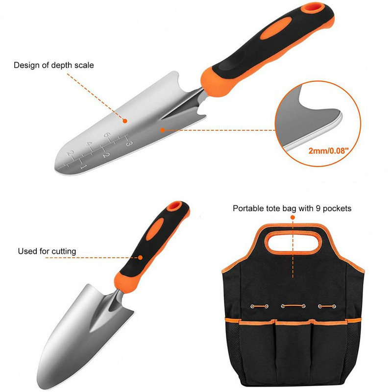 1 set Set de scule de grădină Mistrie de mână Mâner ergonomic Anti-rugină cu geantă de tote Transplanter Pravitor Tunder Kit de grădină
