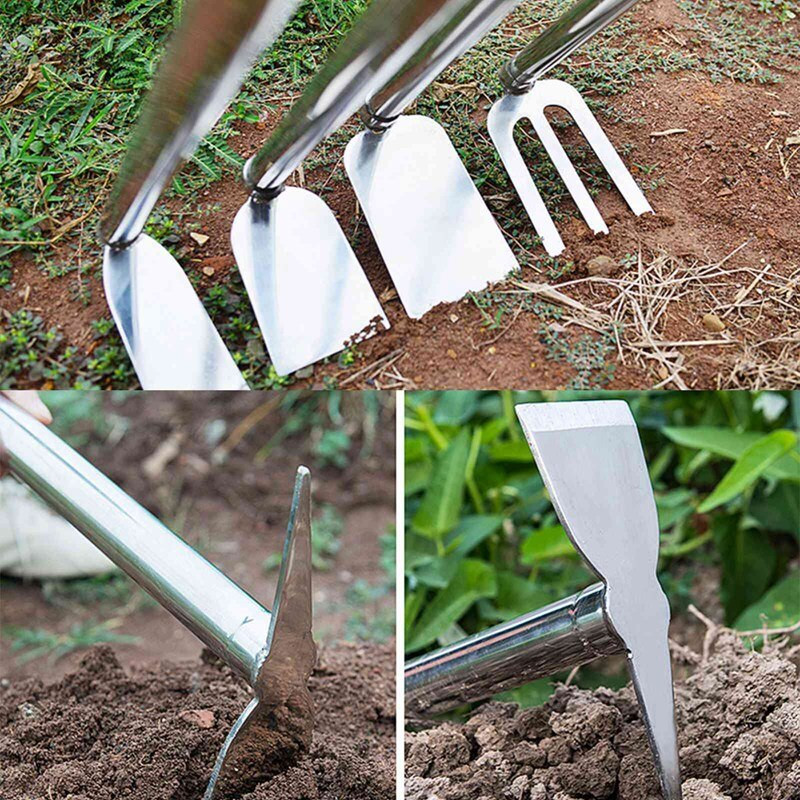 Unealtă de mână cu sapă de grădină din oțel inoxidabil, sapă și cultivator cu 3 dinte, unealtă de grădinărit cu două capete, plivire, săpat, însămânțare multifuncțională