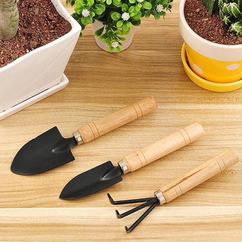 3-dielna sada mini lopát, hrablí, lopata na rastliny, bonsai náradie, záhradné mini ručné náradie, miniatúrna sada na sadenie, drevená rukoväť, sada rýľov