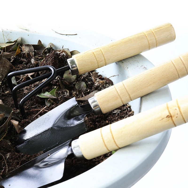 3-dielna sada mini lopát, hrablí, lopata na rastliny, bonsai náradie, záhradné mini ručné náradie, miniatúrna sada na sadenie, drevená rukoväť, sada rýľov