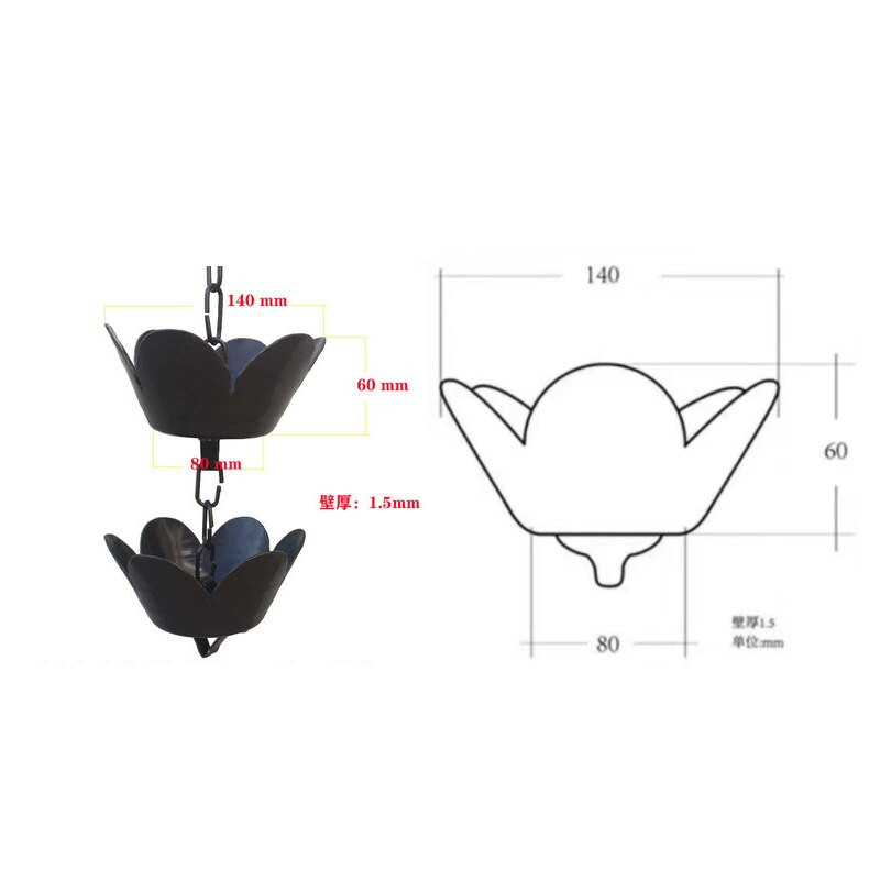 1 m aliuminio lydinio japoniško stiliaus šventyklos dekoravimo vadovas Lietaus varpelio kanalizacijos grandinė Žiedlapio puodelio žiedo karnizo vandens lašanti lietaus grandinė