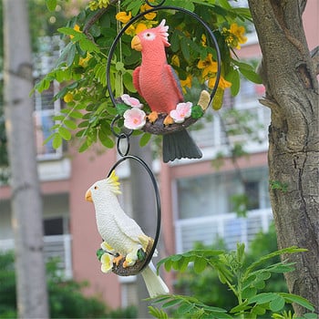 Paparot Statue Garden Decor Ring-Perching Bird Sculpture Paparot Sculpture on Metal Round Ring Decor for Patio Garden and Lawn