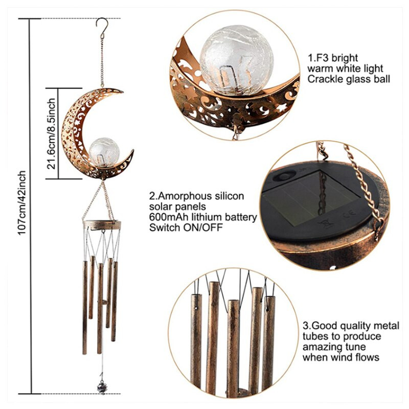 Vėjo varpeliai saulės šviestuvai Sodo puošmena Kabantis Eolijos varpas saulės lempa su mėnulio žvaigždės saulės forma, skirta namų šventei