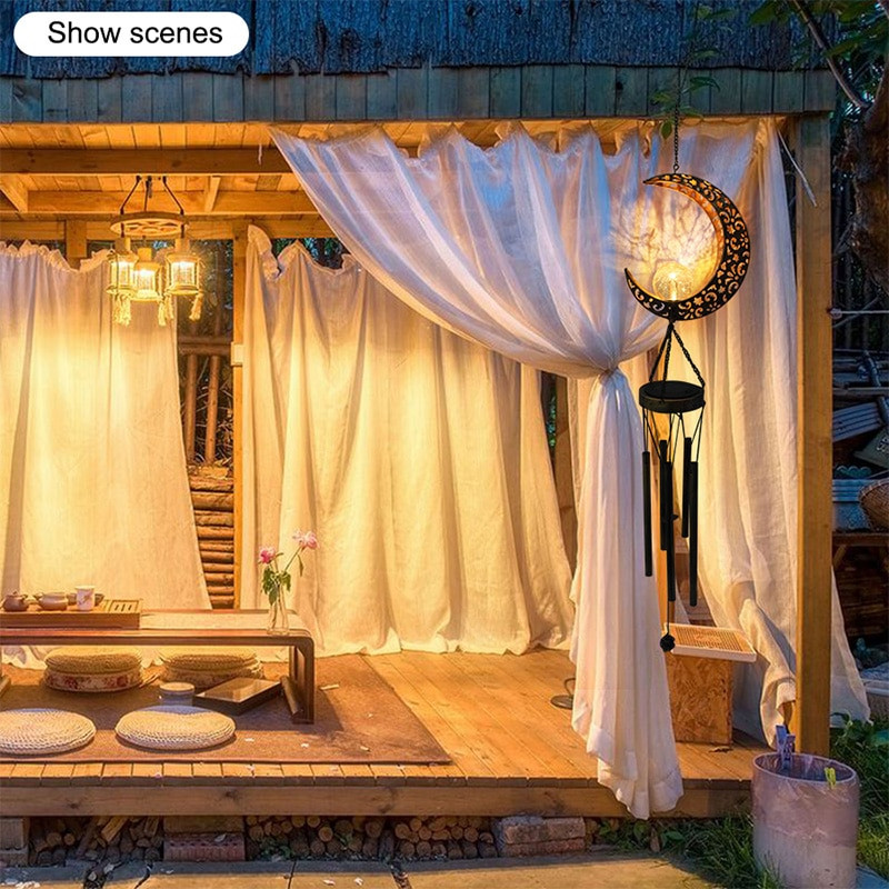 Vėjo varpeliai saulės šviestuvai Sodo puošmena Kabantis Eolijos varpas saulės lempa su mėnulio žvaigždės saulės forma, skirta namų šventei