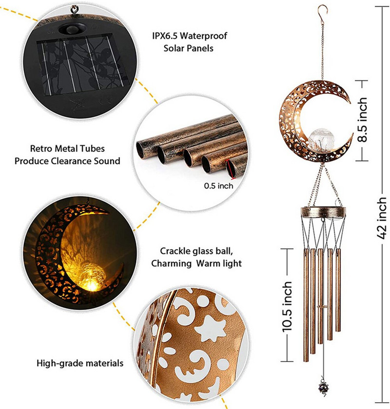 Moon Star Sun Vandeniui atsparus saulės sodo šviestuvas LED kabantis lauko saulės lempa vėjo varpeliai Kabantys žibintai saulės energija varoma lempa