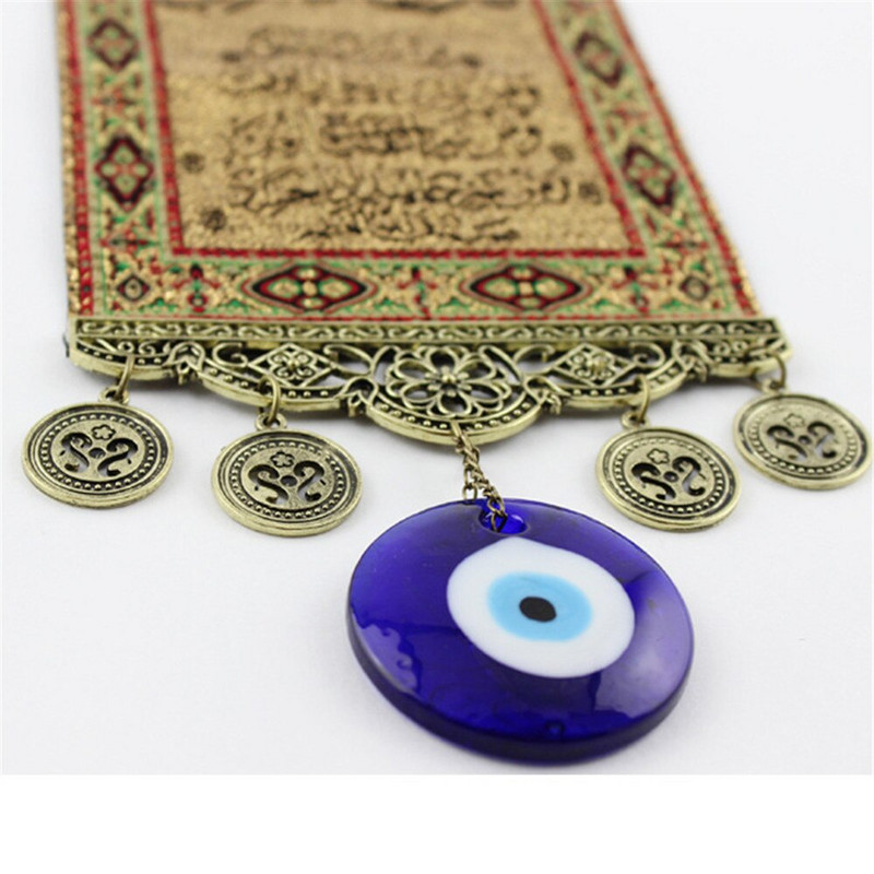 Turkijos glazūruotų mėlynų akių pakabukas, auksinis Rašto audinys, pakabinamas ant sienos automobilio viduje, demono akimis, musulmonų lydinio pakabukas namų aksesuarai