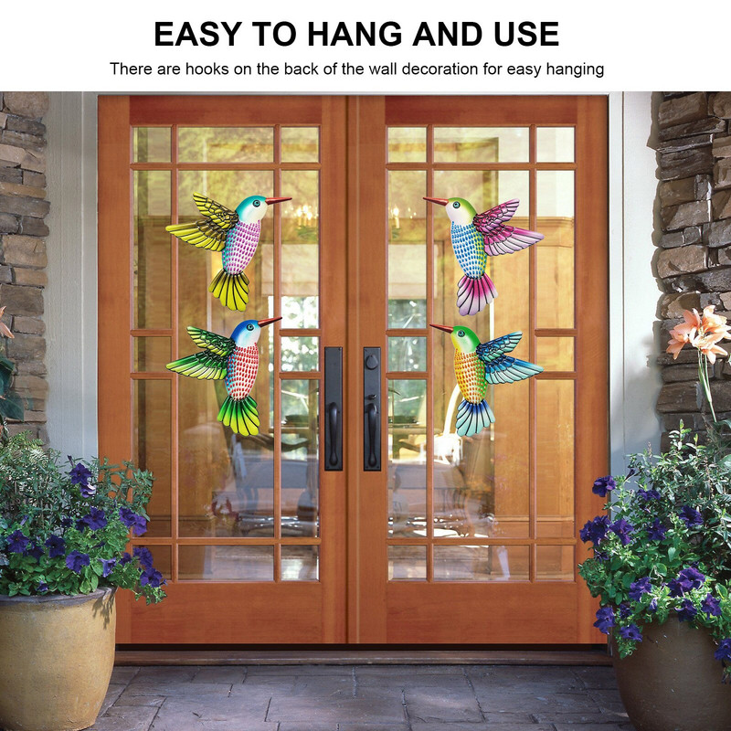 4 pakuotės metalo kolibrio sienų meno dekoro paukščių amatų sienų meno skulptūra sodo tvorai, kiemui, terasai, miegamajam, svetainei