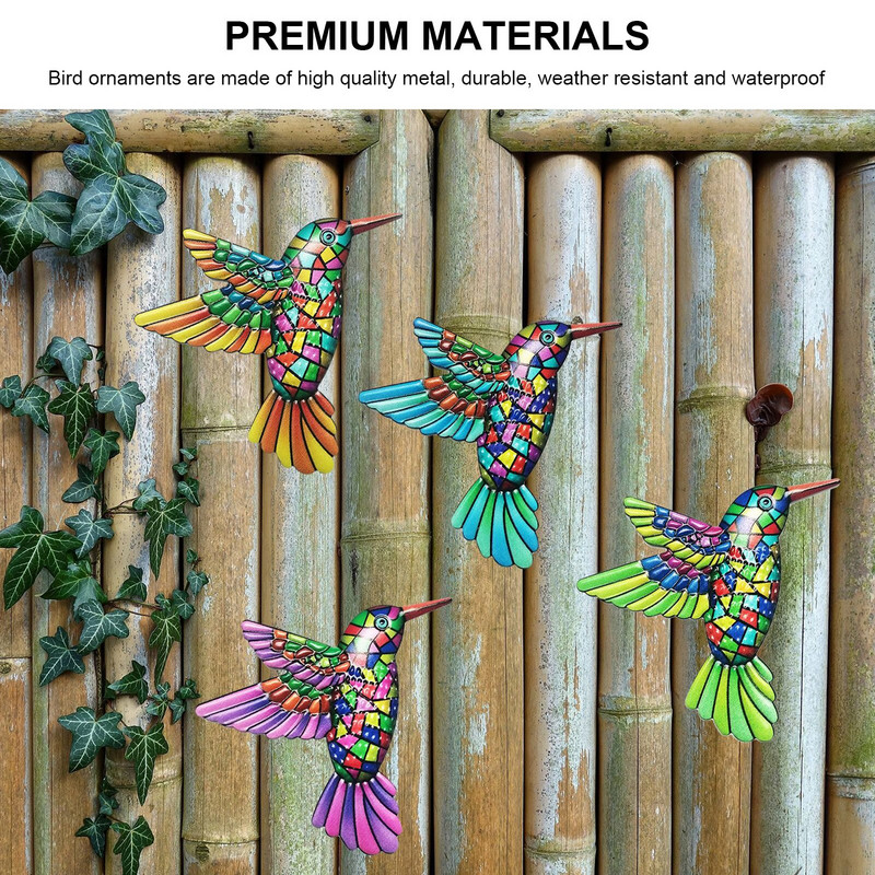 4 pakuotės metalo kolibrio sienų meno dekoro paukščių amatų sienų meno skulptūra sodo tvorai, kiemui, terasai, miegamajam, svetainei