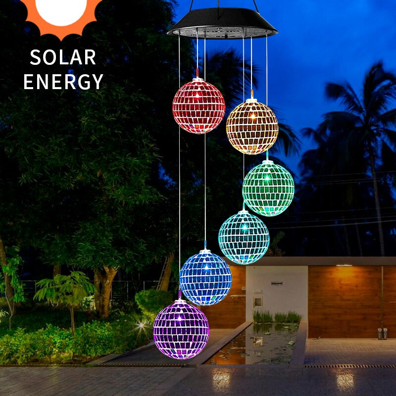 Saulės vėjo varpelis disko rutulinis LED spalvų keitimo šviesa, vandeniui atspari lauko pakabinama lempa Sodo kiemo apdaila Saulės energija