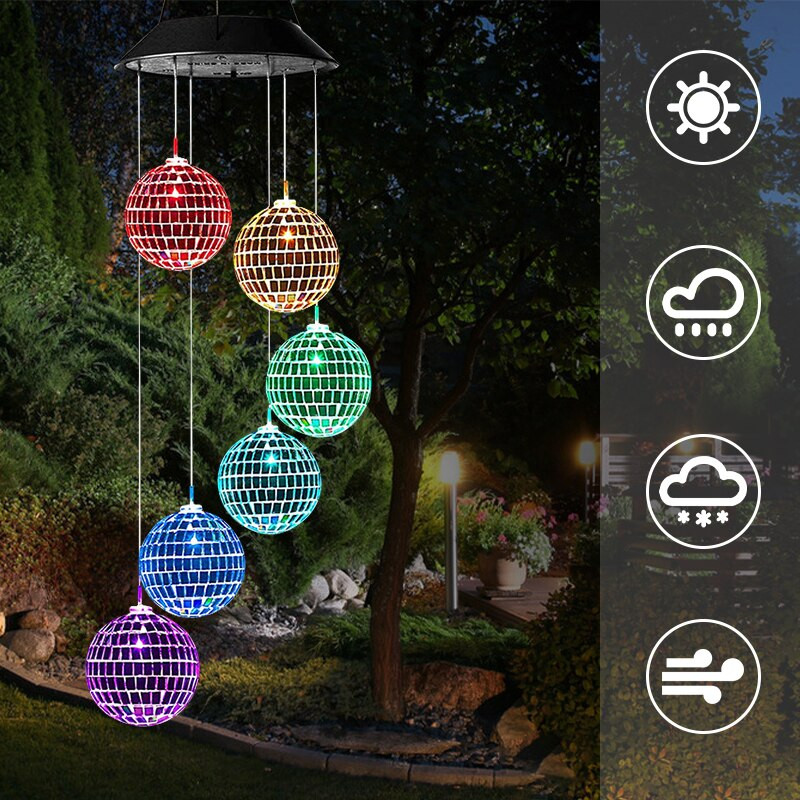 Saulės vėjo varpelis disko rutulinis LED spalvų keitimo šviesa, vandeniui atspari lauko pakabinama lempa Sodo kiemo apdaila Saulės energija