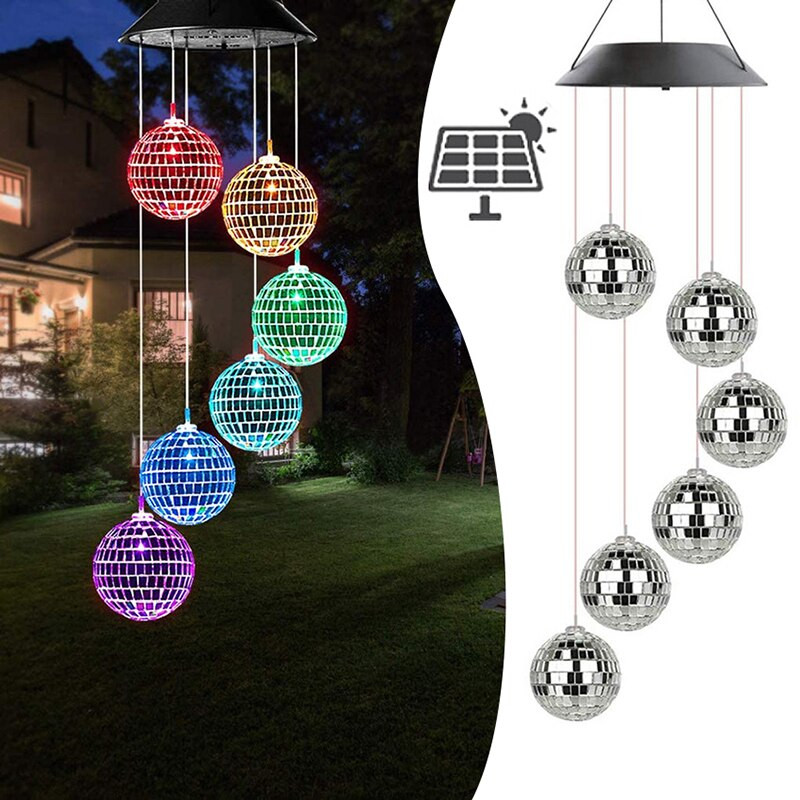 Saulės vėjo varpelis disko rutulinis LED spalvų keitimo šviesa, vandeniui atspari lauko pakabinama lempa Sodo kiemo apdaila Saulės energija