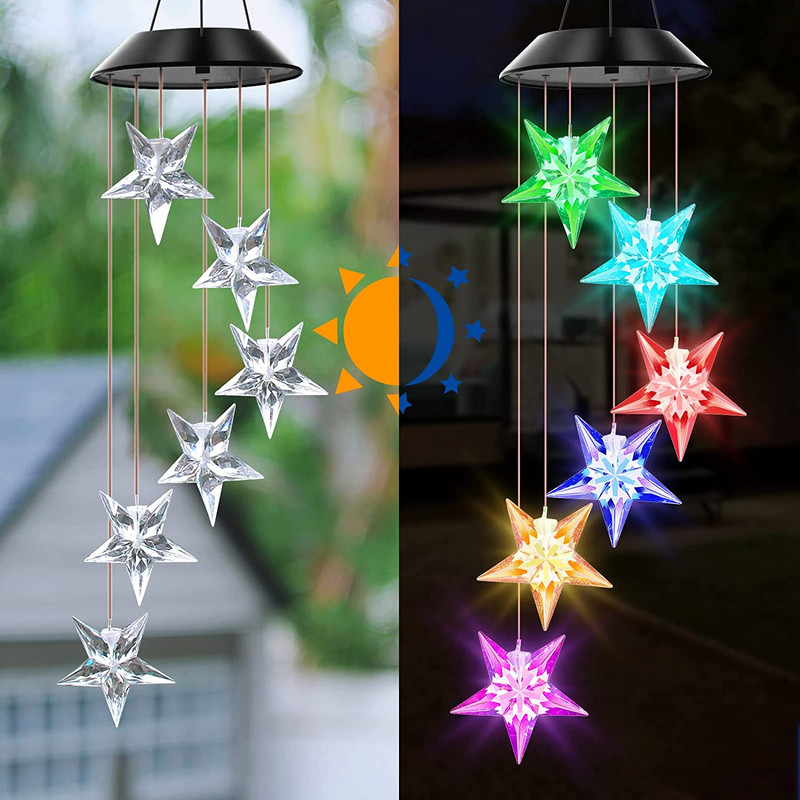 Žvaigždės formos saulės vėjo varpelių žibintai, 2022 m. Kalėdų memorialiniai vėjo varpeliai, mobilūs lauko dekoravimo kiemo namų sodo dekoracijos