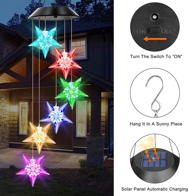 Žvaigždės formos saulės vėjo varpelių žibintai, 2022 m. Kalėdų memorialiniai vėjo varpeliai, mobilūs lauko dekoravimo kiemo namų sodo dekoracijos