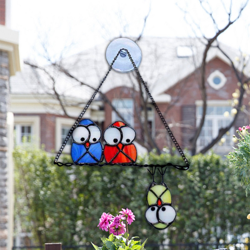 Decor pentru casă, fereastră din sticlă, agățată, ornament unic de bufniță, lanț de artizanat, agățat pentru balcon, grădină, decorare în aer liber