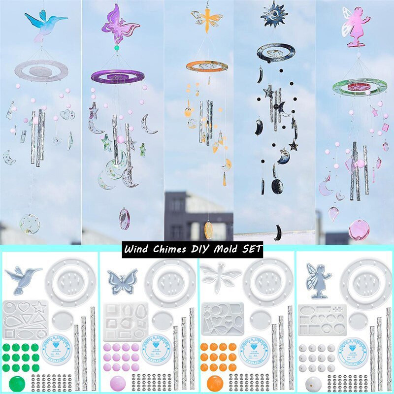 Epoksidiniai „pasidaryk pats“ formos „Sun Moon Star“ rankų darbo drugelio vėjo varpelio medžiagos pakuotės pakuotės silikono formos derinys