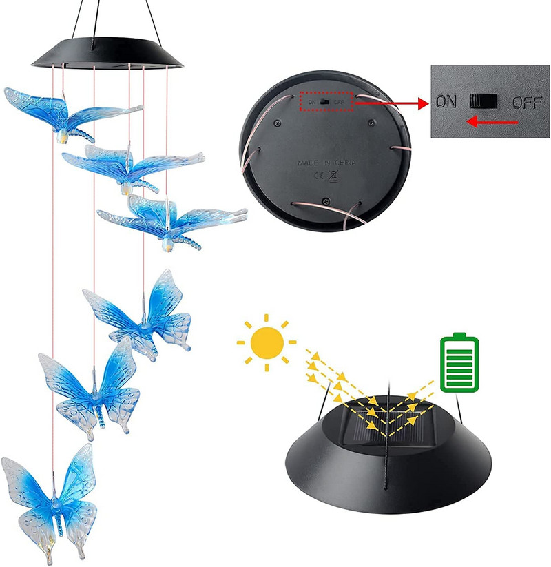 Vėjo varpeliai saulės šviesos varpai drugeliai vėjo varpeliai LED lauko dekoro kiemo dekoracijos saulės lempos mobilieji memorialiniai vėjo varpeliai