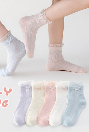 Пролетно -есенни дантелени чорапи за момичета с панделка 5 броя в комплект 