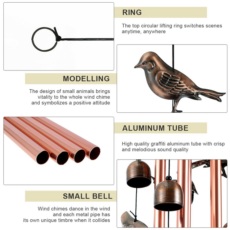 Clopoței mari de vânt, elefant, pasăre, de 85 cm, cu cârlig, agățători, cu sunet clar, clopoței de vânt retro memorial din metal