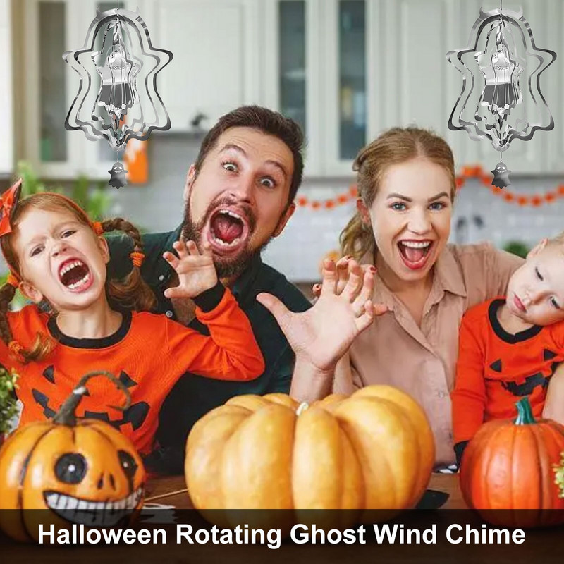 Spinner de vânt de Halloween 3D Ghost Spinner de vânt din oțel inoxidabil Decorare de Halloween în aer liber Ornament de clopoțel de vânt de grădină